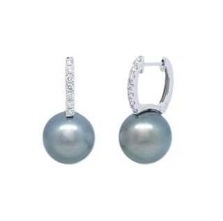 12.5mm Black Tahitian Pearl Diamond Huggie Earrings - Johnny Jewelry