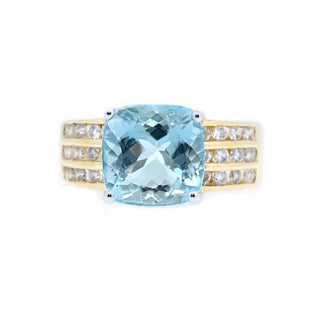 10mm Cushion Aquamarine Channel Set Diamond Ring