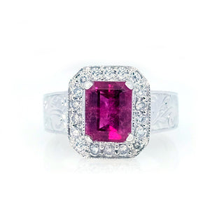 Rubellite Tourmaline & Diamond Hand Engraved Ring