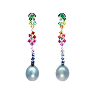 Gardenia Rainbow Sapphire & Tahitian Black Pearl Earrings