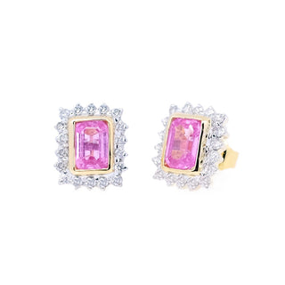 Emerald Cut Bezel Pink Sapphire & Diamond Stud Earrings