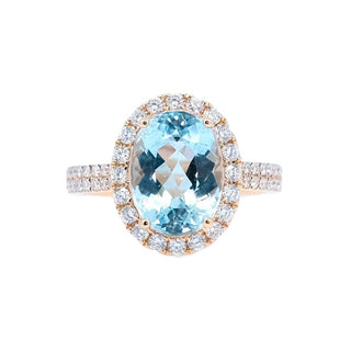 Oval Aquamarine & Micro Pave Diamond Halo Ring