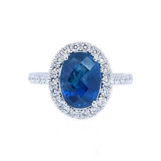 Checkerboard Cut Sapphire & Diamond Halo Ring