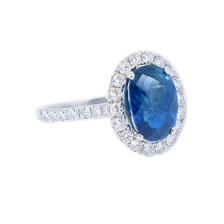 Checkerboard Cut Sapphire & Diamond Halo Ring