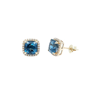 Petite Cushion London Blue Topaz Halo Earrings