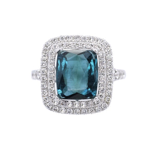 Cushion Blue Indicolite Tourmaline & Diamond Halo Ring