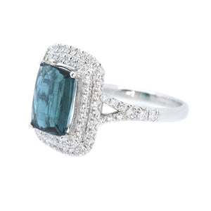Cushion Blue Indicolite Tourmaline & Diamond Halo Ring