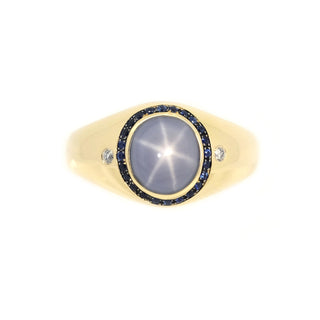 Mens Blue Gray Star Sapphire Signet Ring