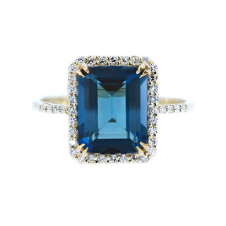 Emerald Cut London Blue Topaz & Diamond Halo Ring