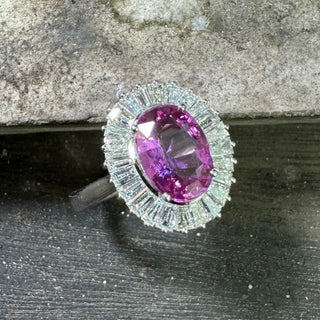 Pink Sapphire & Baguette Diamond Halo Ring