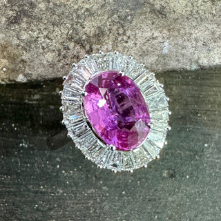 Pink Sapphire & Baguette Diamond Halo Ring