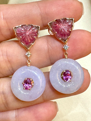 Lavender Jade Donut, Tourmaline & Pink Sapphire Earrings