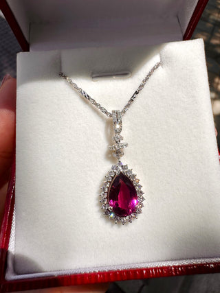 Raspberry Tourmaline & Diamond Halo Drop Pendant