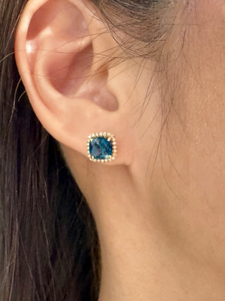 Petite Cushion London Blue Topaz Halo Earrings