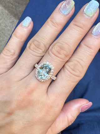 Oval Aquamarine & Micro Pave Diamond Halo Ring - Johnny Jewelry