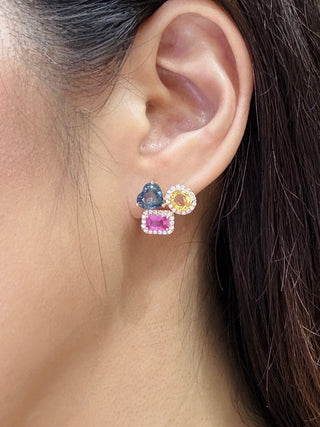 Multi-Sapphires & Diamond Cluster Earrings