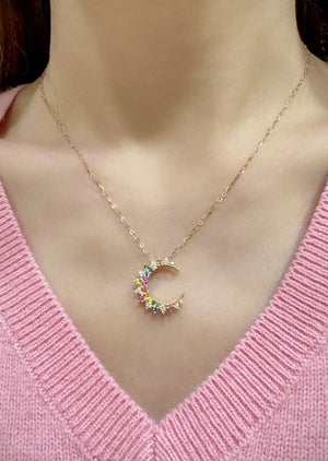 Rainbow Sapphire and Diamond Crescent Moon Necklace