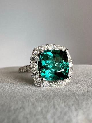 Cushion Teal Tourmaline & Diamond Halo Ring