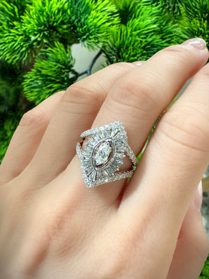 Marquise & Baguette Diamond Halo Double Band Ring