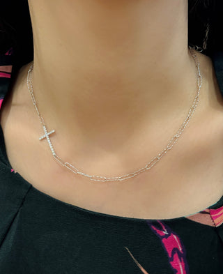 Sideways Diamond Cross 3mm Paperclip Necklace