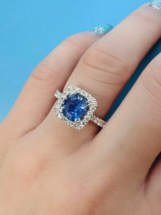 Cushion Cornflower Blue Sapphire & Diamond Halo Ring