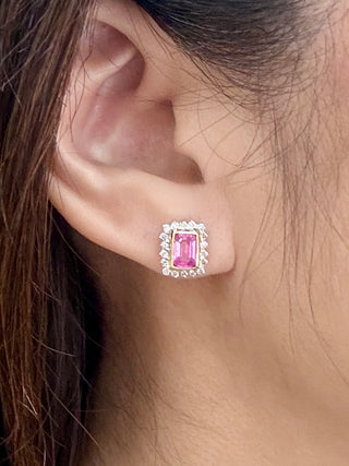Emerald Cut Bezel Pink Sapphire & Diamond Stud Earrings