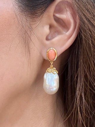 Pink Coral & Baroque Pearl Drop Earrings - Johnny Jewelry