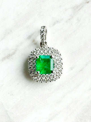 Double Halo Emerald & Diamond Pendant