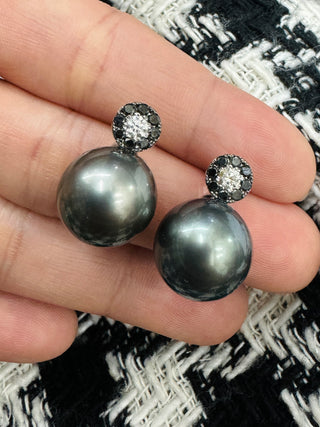 14mm Tahitian Pearl, Black and White Diamond Earrings