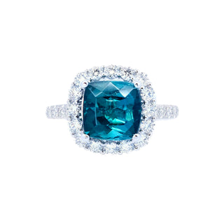 Cushion Teal Tourmaline & Diamond Halo Ring