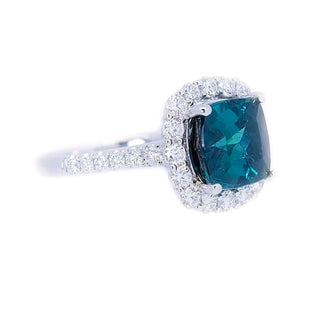 Cushion Teal Tourmaline & Diamond Halo Ring