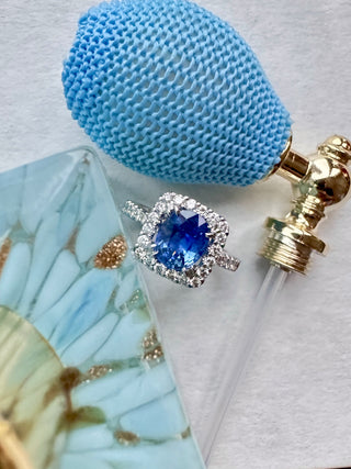 Cushion Cornflower Blue Sapphire & Diamond Halo Ring