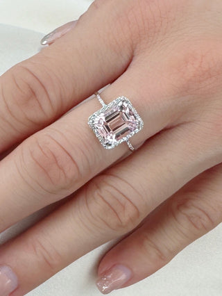 Emerald Cut Pink Morganite & Diamond Halo Ring