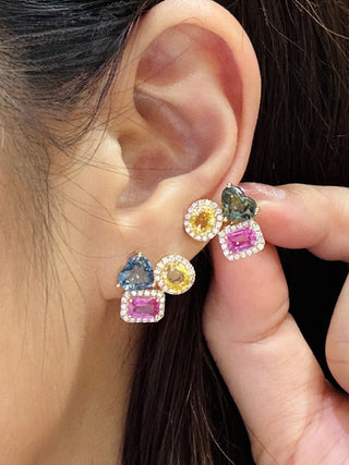 Multi-Sapphires & Diamond Cluster Earrings
