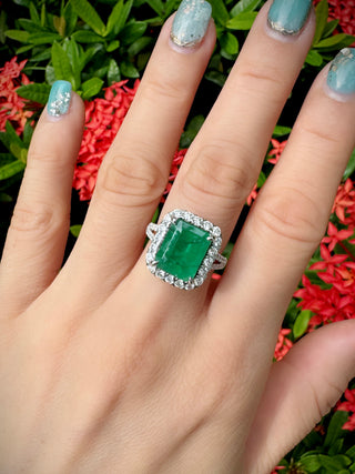Classic 3.80ct Emerald and Diamond Halo Ring