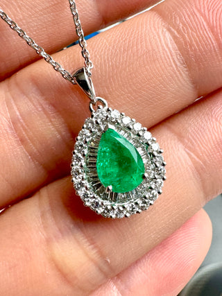 Teardrop Emerald & Baguette Diamond Halo Pendant