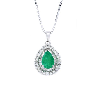 Teardrop Emerald & Baguette Diamond Halo Pendant