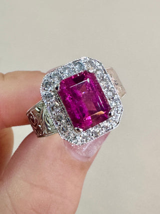 Rubellite Tourmaline & Diamond Hand Engraved Ring