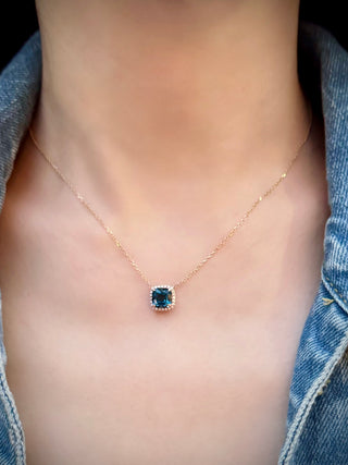 Petite Cushion London Blue Topaz Halo Necklace - Johnny Jewelry