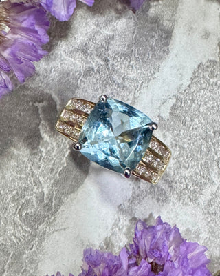 10mm Cushion Aquamarine Channel Set Diamond Ring - Johnny Jewelry