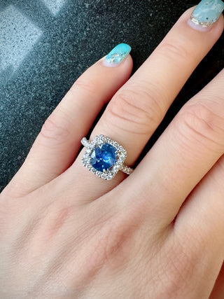 Cushion Cornflower Blue Sapphire & Diamond Halo Ring