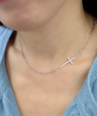 Sideways Diamond Cross 3mm Paperclip Necklace