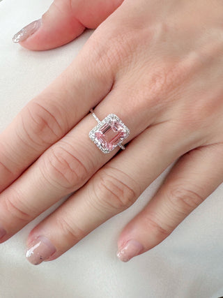 Emerald Cut Pink Morganite & Diamond Halo Ring