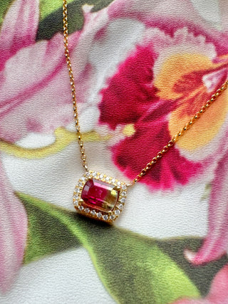 East West Watermelon Tourmaline & Diamond Necklace