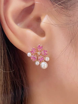 Pink Sapphire Sakura Cherry Blossom Akoya Pearl Earrings
