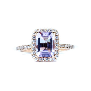 Emerald Cut Pink Amethyst & Diamond Halo Ring - Johnny Jewelry