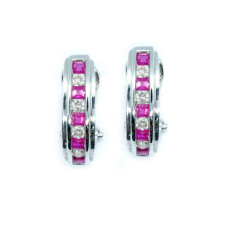 Channel Set Ruby & Diamond Hoop Earrings - Johnny Jewelry