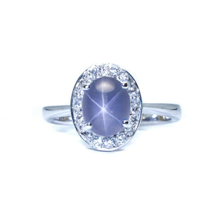 Blue Star Sapphire Pave Diamond Halo Ring - Johnny Jewelry