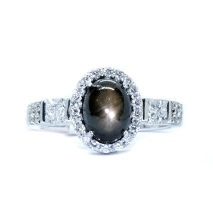Black Star Sapphire & Diamond Halo Ring - Johnny Jewelry