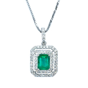 Double Halo Emerald Cut Emerald & Diamond Pendant - Johnny Jewelry